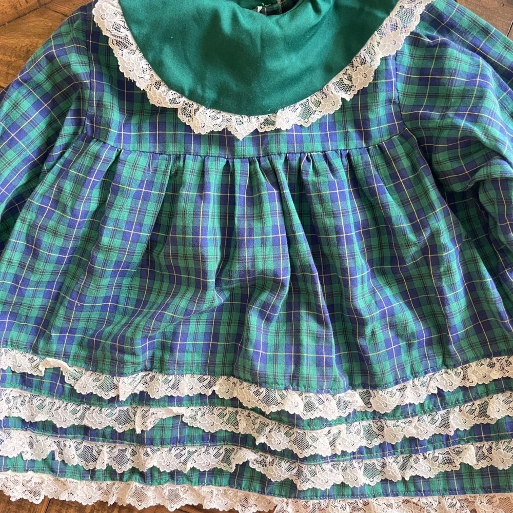 Plaid Lace Ruffle Dress‎ Girls 2T Green Tartan Prairie Cottagecore